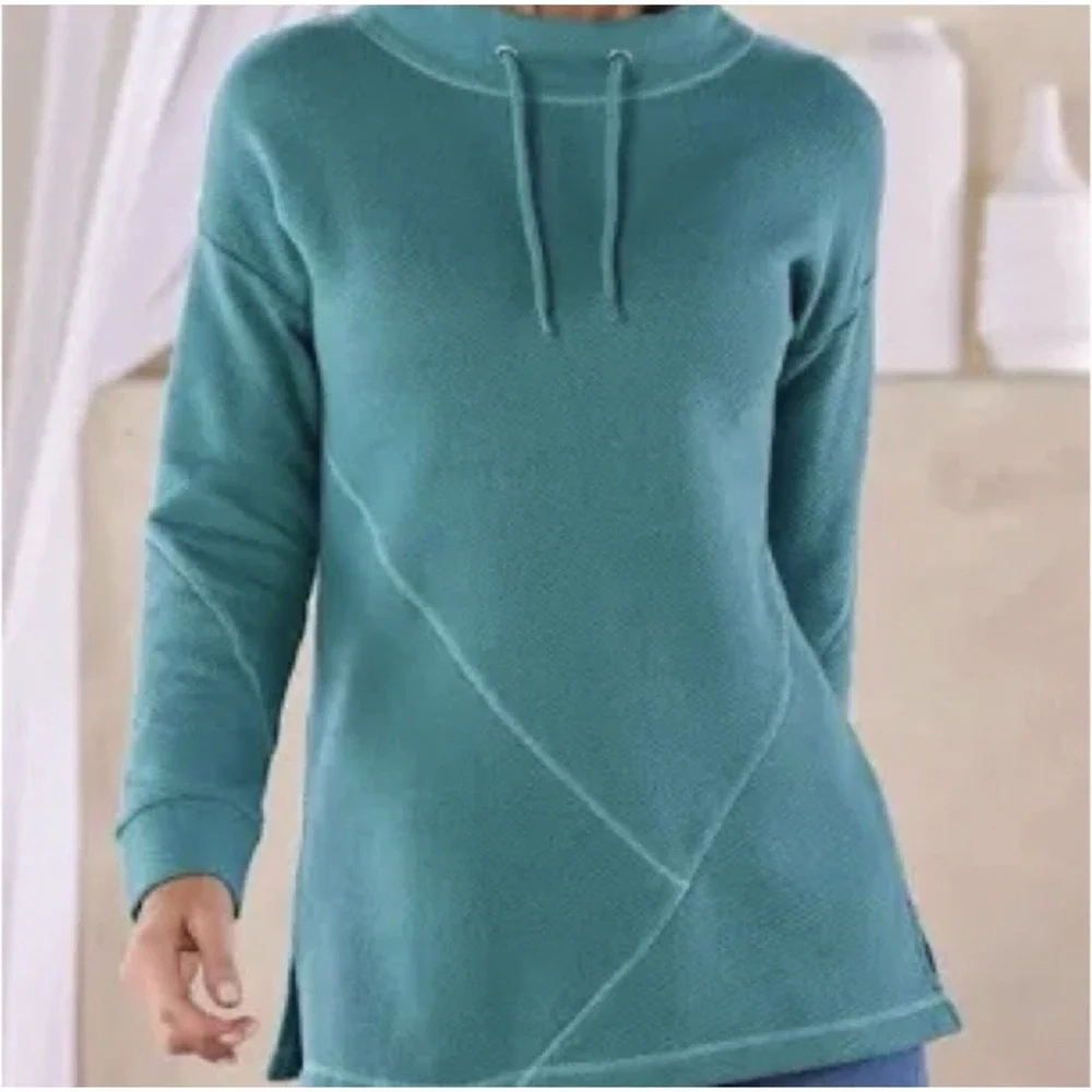 Soft Surroundings Sweatshirt Womens S Teal Blue Tunic Waffle Knit Athleisure